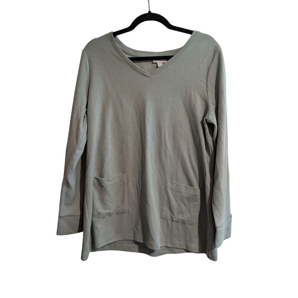 J. Jill Tunic Top Womens M‎ Sage Green Ribbed V-Neck Patch Pocket Long Sleeve